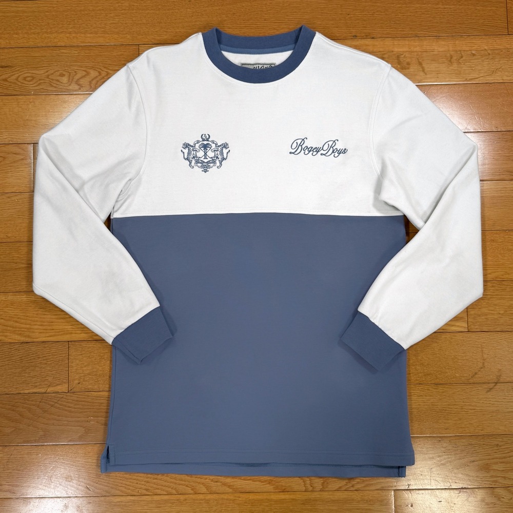 Bogey Boys Mens Small Colorblock Long Sleeve Golf‎ Shirt Blue White Crest Logo